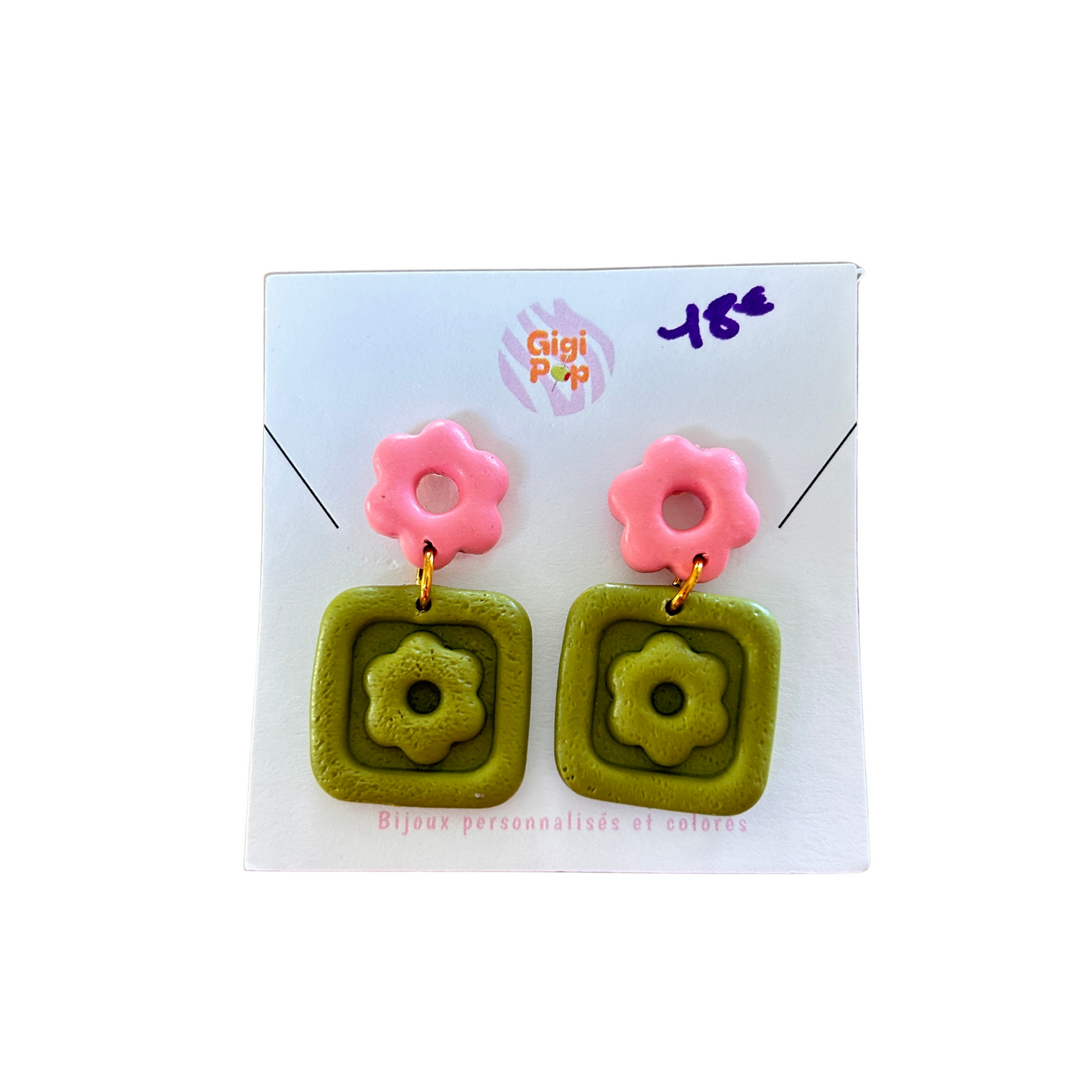 Boucles d’oreilles Fleur Rose & Pendant Vert Gigi Pop